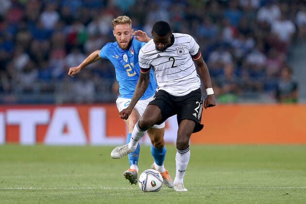 04 06 2022, Bologna, Italy, Renato Dall Ara , Italy vs Germany UEFA Nations League Path A Group 2, Davide Frattesi Italy and Antonio Ruediger Germany in duel Photo H Langer Bologna Renato Dall Ara Emilia Romagna Italy  541_ITAGER20220604_019 Langer-541