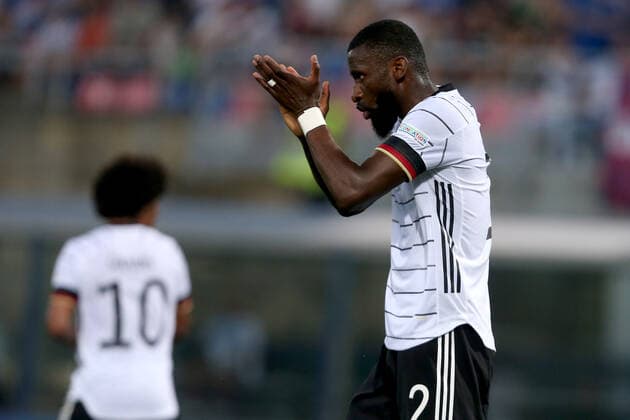 04 06 2022, Bologna, Italy, Renato Dall Ara , Italy vs Germany UEFA Nations League Path A Group 2, Antonio Ruediger Germany gestures, gestures photo H Langer Bologna Renato Dall Ara Emilia Romagna Italy  541_ITAGER20220604_025 Langer-541