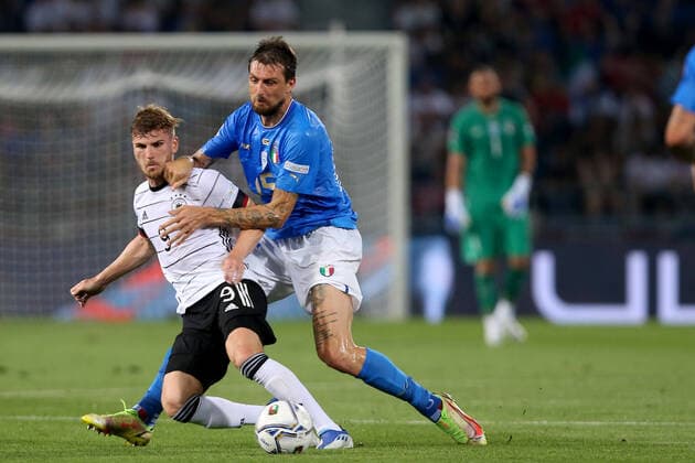 04 06 2022, Bologna, Italy, Renato Dall Ara , Italy vs Germany UEFA Nations League Path A Group 2, Timo Werner Germany and Francesco Acerbi Italy in duel Photo H Langer Bologna Renato Dall Ara Emilia Romagna Italy  541_ITAGER20220604_033 Langer-541