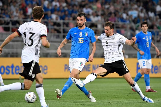 Bryan Cristante of Italy and Leon Goretzka of Germany compete for the ball during the Uefa Nations League group 3 football match between Italy and Germany at Renato Dall Ara stadium in Bologna (Italy), June 4th, 2022. Photo Andrea Staccioli Insidefoto andreaxstaccioli