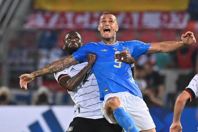 Antonio RUEDIGER GER , Action,Tackle against Gianluca SCAMACCA ITA Football UEFA Nations League,Group Stage 1 Matchday Italy ITA Germany GER , on 04 06 2022, Renato Dall Ara Stadium Bologna