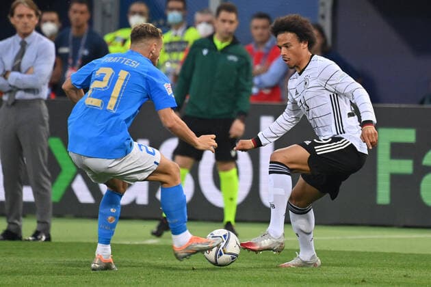 Leroy SANE GER , Action,Tackle against Davide FRATESI ITA Football UEFA Nations League,Group Stage 1 Matchday Italy ITA Germany GER , on 04 06 2022, Renato Dall Ara Stadium Bologna