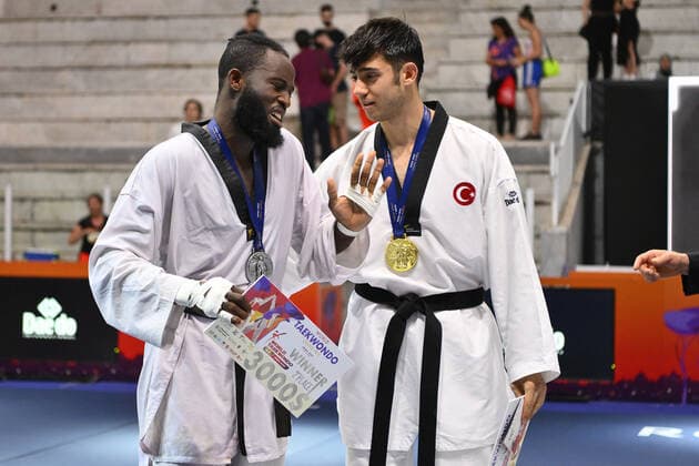 Cheick Sallah CISSE (CIV) and Emre Kutalmis ATESLI (TUR) during SF and F round of World Taekwondo Grand Prix at Foro Italico, Nicola Pietrangeli Stadium, 4th June 2022, ROm Italy.  Copyright: xDomenicoxCippitellix xipa-agencyx xx 0