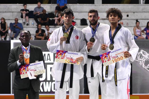 Emre Kutalmis ATESLI (TUR), Caden CUNNINGHAM (GBR), Cheick Sallah CISSE (CIV) and Dejan GEORGIEVSKI (MKD) during SF and F round of World Taekwondo Grand Prix at Foro Italico, Nicola Pietrangeli Stadium, 4th June 2022, Rome, Italy.  Copyright: xDomenicoxCippitellix xipa-agencyx xx 0