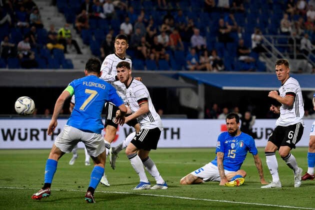 Joshua Kimmich of Germany scores the goal of 1-1 during the Uefa Nations League group 3 football match between Italy and Germany at Renato Dall Ara stadium in Bologna (Italy), June 4th, 2022. Photo Andrea Staccioli Insidefoto andreaxstaccioli