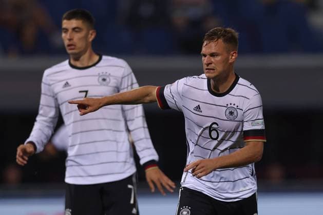 Bologna, Italy, 4th June 2022. Joshua Kimmich of Germany celebrates after scoring to level the game at 1-1 during the UEFA Nations League match at Stadio Renato Dall Ara, Bologna. Picture credit should read: Jonathan Moscrop Sportimage EDITORIAL USE ONLY. No use with unauthorised audio, video, data, fixture lists, club league logos or live services. Online in-match use limited to 120 images, no video emulation. No use in betting, games or single club league player publications. SPI-1724-0003