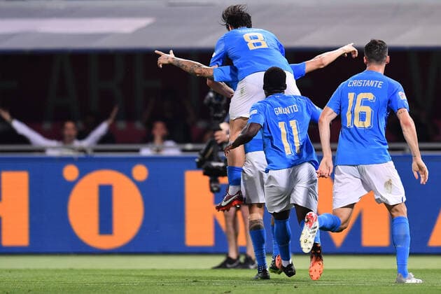 Mandatory Credit: Photo by Lisa Guglielmi LiveMedia Shutterstock (12972743k) Italy players celebrate after a goal football UEFA Nations League match Italy vs Germany, Renato DallAra stadium, Bologna, Italy - 04 Jun 2022 football UEFA Nations League match Italy vs Germany, Renato DallAra stadium, Bologna, Italy - 04 Jun 2022  Copyright: xLisaxGuglielmi LiveMedia Shutterstockx 12972743k