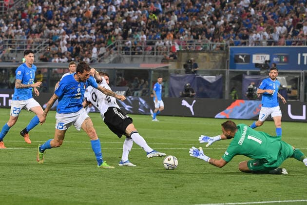 Goal chance Timo WERNER GER , action, duel against Francesco ACERBI ITA and goalkeeper Gianluigi DONNARUMMA ITA , penalty area scene Football UEFA Nations League, group phase 1 matchday Italy ITA Germany GER 1 1, on 04 06 2022, Renato Dall Ara Stadium Bologna