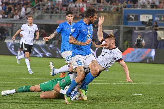 Goal chance Timo WERNER GER , action, duel against Francesco ACERBI ITA and goalkeeper Gianluigi DONNARUMMA ITA , penalty area scene Football UEFA Nations League, group phase 1 matchday Italy ITA Germany GER 1 1, on 04 06 2022, Renato Dall Ara Stadium Bologna