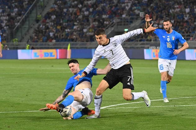 Kai HAVERTZ GER , Action,Tackle against Alessandro BASTONI ITA Football UEFA Nations League,Group Stage 1 Matchday Italy ITA Germany GER 1 1, on 04 06 2022, Renato Dall Ara Stadium Bologna