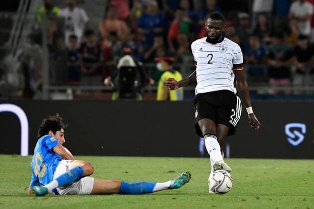 Matteo Cancellieri of Italy and Antonio Rudiger of Germany compete for the ball during the Uefa Nations League group 3 football match between Italy and Germany at Renato Dall Ara stadium in Bologna (Italy), June 4th, 2022. Photo Andrea Staccioli Insidefoto andreaxstaccioli