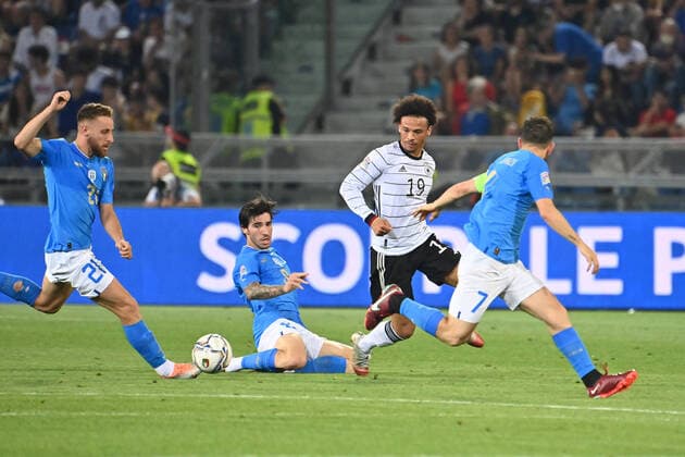Leroy SANE GER , Action,Tackle against Sandro TONALI ITA , Football UEFA Nations League,Group Stage 1 Matchday Italy ITA Germany GER 1 1, on 04 06 2022, Renato Dall Ara Stadium Bologna