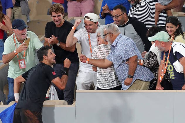 4th June 2022; Roland Garros, Paris, France: French Open Tennis tournament: Marcelo Arevalo (ELS) is congratulated by Randall Rojer after his mens doubles win with Jean-Julien Rojer  ActionPlus12397026 JonxBromley