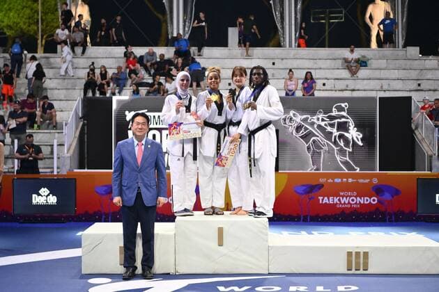 Mandatory Credit: Photo by Domenico Cippitelli LiveMedia Shutterstock (12972811ab) Jan-di KIM (KOR), Julyana AL-SADEQ (JOR),Ruth GBAGBI (CIV) and Magda WIET HENIN (FRA) during SF and F round of World Taekwondo Grand Prix at Foro Italico, Nicola Pietrangeli Stadium, 4th June 2022, Rome, Italy. Taekwondo World Taekwondo Roma Grand Prix (day2), Foro Italico, Rome, Italy - 04 Jun 2022 Taekwondo World Taekwondo Roma Grand Prix (day2), Foro Italico, Rome, Italy - 04 Jun 2022 Copyright: xDomenicoxCippitelli LiveMedia Shutterstockx 12972811ab