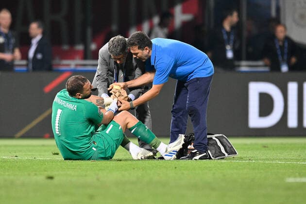 4th June 2022; Renato Dall& x2019;Ara Stadium, Bologna, Italia; Uefa Nations League match; Italy versus Germany; Gianluigi Donnarumma of Italy is attended to with an injury  ActionPlus12397073 AllShotLive