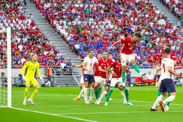 Hungary v England UEFA Nations League 04 06 2022. Dominik Szoboszlai (10) of Hungary heads clear during the UEFA Nations League match between Hungary and England at Puskas Arena Park, Budapest, Hungary on 4 June 2022. Editorial use only , Copyright: xNigelxKeenex PSI-15373-0066