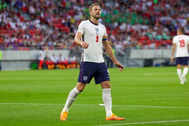 Hungary v England UEFA Nations League 04 06 2022. Harry Kane (9) of England reacts to his near miss during the UEFA Nations League match between Hungary and England at Puskas Arena Park, Budapest, Hungary on 4 June 2022. Editorial use only , Copyright: xNigelxKeenex PSI-15373-0070
