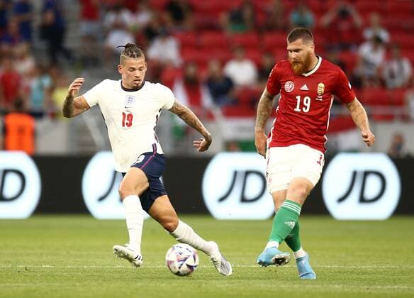 Mandatory Credit: Photo by Michael Zemanek Shutterstock (12965167ey) Kalvin Phillips of England and Martin Adam of Hungary Hungary v England, UEFA Nations League, Group C, International Football, Puskas Arena Park, Budapest, Hungary - 04 Jun 2022 Hungary v England, UEFA Nations League, Group C, International Football, Puskas Arena Park, Budapest, Hungary - 04 Jun 2022 Copyright: xMichaelxZemanek Shutterstockx 12965167ey