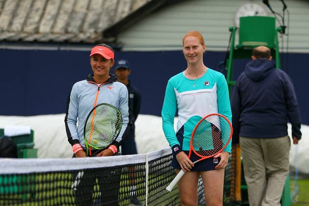 5th June 2022; Surbiton Racket &amp; Fitness Club, Surbiton, London, England: Surbiton Trophy Tennis tournament, womens singles final: Arina Rodionova (AUS) versus Alison Van Uytvanck (BEL): Finalists standing next to the net for a group shot pre-match.  ActionPlus12397111 KatiexChan