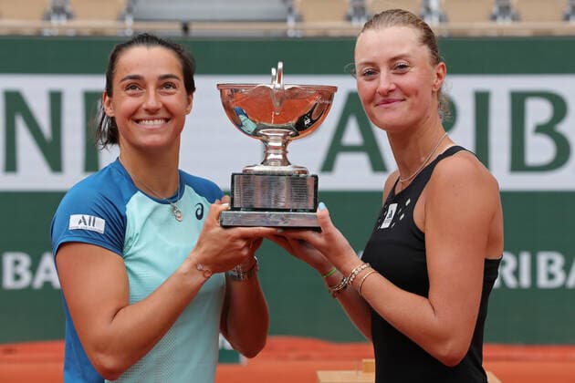 5th June 2022; Roland Garros, Paris, France: French Open Tennis tournament, Womens Doubles final; Caroline Garcia (FRA) and Kristina Mladenovic (FRA) hold the Trophy as winners of the Ladies Doubles  ActionPlus12397115 JonxBromley