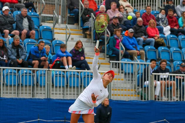 5th June 2022; Surbiton Racket &amp; Fitness Club, Surbiton, London, England: Surbiton Trophy Tennis tournament, womens singles final: Arina Rodionova (AUS) versus Alison Van Uytvanck (BEL): Arina Rodionova (AUS) serving to start the match.  ActionPlus12397190 KatiexChan