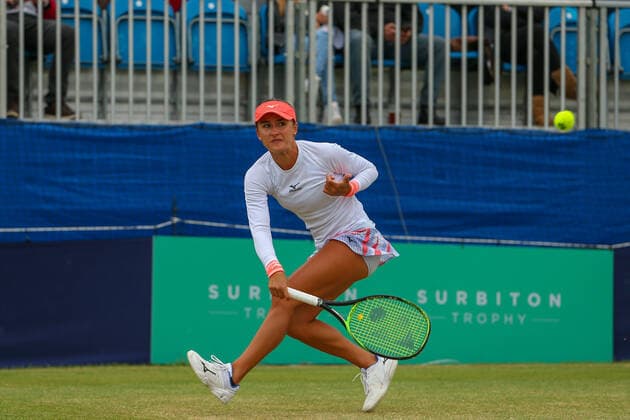 5th June 2022; Surbiton Racket &amp; Fitness Club, Surbiton, London, England: Surbiton Trophy Tennis tournament, womens singles final: Arina Rodionova (AUS) versus Alison Van Uytvanck (BEL): Arina Rodionova (AUS) plays a forehand back to Alison Van Uytvanck (BEL).  ActionPlus12397191 KatiexChan