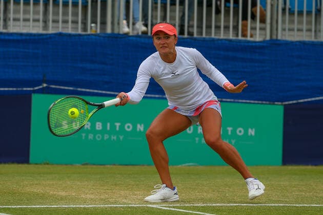 5th June 2022; Surbiton Racket &amp; Fitness Club, Surbiton, London, England: Surbiton Trophy Tennis tournament, womens singles final: Arina Rodionova (AUS) versus Alison Van Uytvanck (BEL): Arina Rodionova (AUS) plays a forehand back to Alison Van Uytvanck (BEL).  ActionPlus12397193 KatiexChan