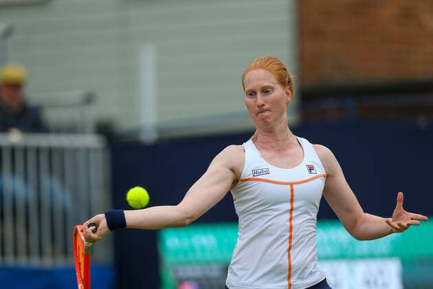 5th June 2022; Surbiton Racket &amp; Fitness Club, Surbiton, London, England: Surbiton Trophy Tennis tournament, womens singles final: Arina Rodionova (AUS) versus Alison Van Uytvanck (BEL): Alison Van Uytvanck (BEL) plays a forehand back to Arina Rodionova (AUS)  ActionPlus12397200 KatiexChan