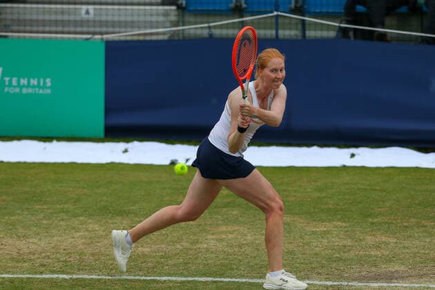 5th June 2022; Surbiton Racket &amp; Fitness Club, Surbiton, London, England: Surbiton Trophy Tennis tournament, womens singles final: Arina Rodionova (AUS) versus Alison Van Uytvanck (BEL): Alison Van Uytvanck (BEL) plays a backhand back to Arina Rodionova (AUS)  ActionPlus12397206 KatiexChan