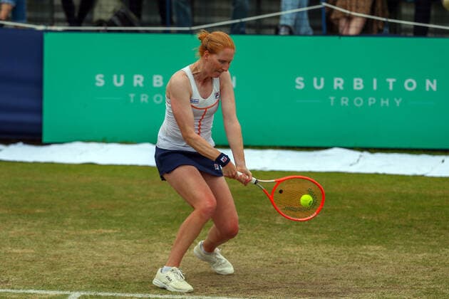 5th June 2022; Surbiton Racket &amp; Fitness Club, Surbiton, London, England: Surbiton Trophy Tennis tournament, womens singles final: Arina Rodionova (AUS) versus Alison Van Uytvanck (BEL): Alison Van Uytvanck (BEL) plays a backhand back to Arina Rodionova (AUS)  ActionPlus12397213 KatiexChan