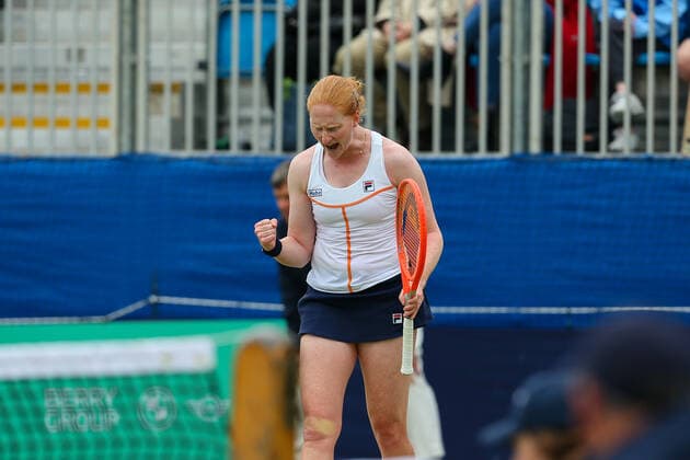 5th June 2022; Surbiton Racket &amp; Fitness Club, Surbiton, London, England: Surbiton Trophy Tennis tournament, womens singles final: Arina Rodionova (AUS) versus Alison Van Uytvanck (BEL): Alison Van Uytvanck (BEL) celebrates after winning the 1st set against Arina Rodionova (AUS).  ActionPlus12397217 KatiexChan