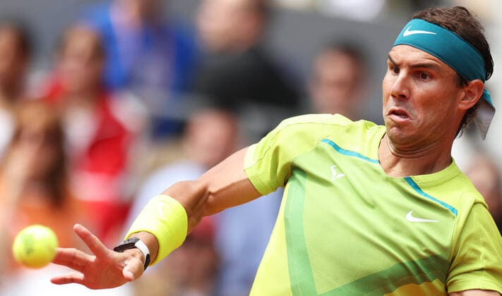 (220605) -- PARIS, June 5, 2022 -- Rafael Nadal of Spain hits a return during the men s singles final against Casper Ruud of Norway at the French Open tennis tournament at Roland Garros in Paris, France, June 5, 2022. ) (SP)FRANCE-PARIS-TENNIS-ROLAND GARROS-FRENCH OPEN-MEN S SINGLES-FINAL GaoxJing 