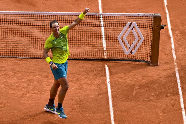 joie de Rafael Nadal (Esp) en fin de match TENNIS : Roland Garros 2022 - Finale Simple Messieurs - 05 06 2022 JBAutissier Panoramic 