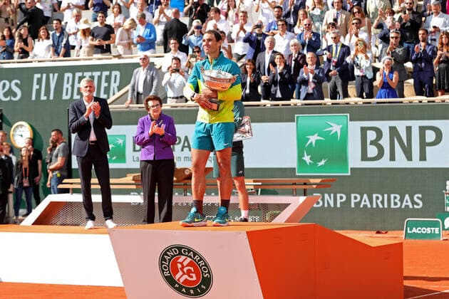 5th June 2022; Roland Garros, Paris, France: French Open Tennis tournament, mens singles final, Rafael Nadal versus Casper Ruud; Rafael Nadal (ESP) on the winners podium after beating Casper Ruud (NOR)  ActionPlus12397504 JonxBromley