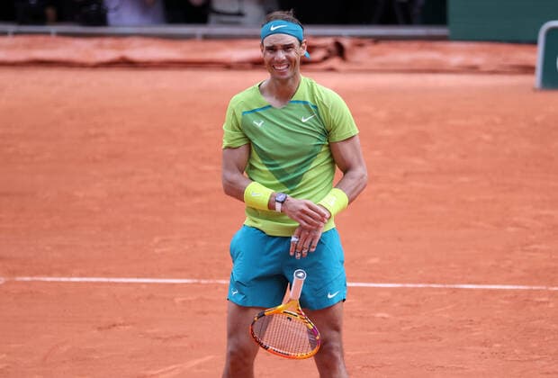 Rafael Nadal of Spain celebrates his victory against Casper Ruud of Norway at the end of their French Tennis Open s final match at Roland Garros, outside Paris, France, on Sunday, June 5, 2022. Nadal won the title 6-3, 6-3, 6-0.  PAR20220605121 MAYAxVIDON-WHITE
