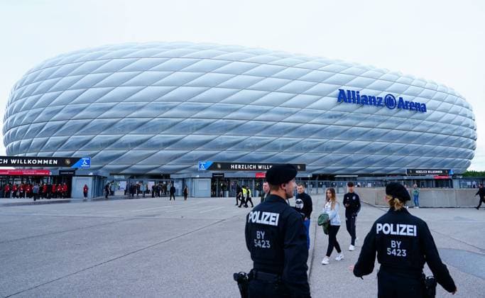 Mandatory Credit: Photo by Javier Garcia Shutterstock (12975315e) Police patrol outside the stadium Germany v England, UEFA Nations League, Group C, International Football, Allianz Arena, Munich, Germany - 07 Jun 2022 EDITORIAL USE ONLY No use with unauthorised audio, video, data, fixture lists, club league logos or live services. Online in-match use limited to 120 images, no video emulation. No use in betting, games or single club league player publications. Germany v England, UEFA Nations League, Group C, International Football, Allianz Arena, Munich, Germany - 07 Jun 2022 EDITORIAL USE ONLY No use with unauthorised audio, video, data, fixture lists, club league logos or live services. Online in-match use limited to 120 images, no video emulation. No use in betting, games or single club league player publications. Copyright: xJavierxGarcia Shutterstockx 12975315e