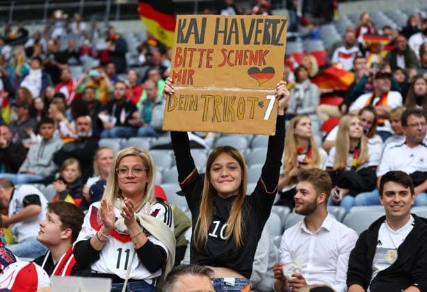 Munich, Germany, 7th June 2022. German fans with the standard player shirt request banner during the UEFA Nations League match at Allianz Arena, Munich. Picture credit should read: David Klein Sportimage EDITORIAL USE ONLY. No use with unauthorised audio, video, data, fixture lists, club league logos or live services. Online in-match use limited to 120 images, no video emulation. No use in betting, games or single club league player publications. SPI-1728-0012