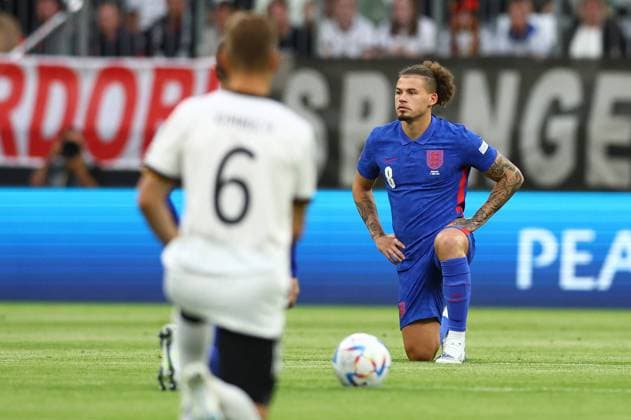 Munich, Germany, 7th June 2022. Kalvin Phillips of England and all the players from both teams take a knee during the UEFA Nations League match at Allianz Arena, Munich. Picture credit should read: David Klein Sportimage EDITORIAL USE ONLY. No use with unauthorised audio, video, data, fixture lists, club league logos or live services. Online in-match use limited to 120 images, no video emulation. No use in betting, games or single club league player publications. SPI-1728-0032