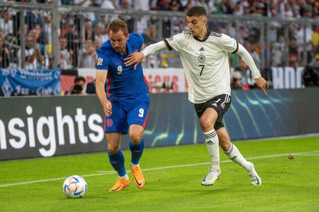 Harry Kane ENG and Kai Havertz GER Germany, Munich, 07 06 2022, national team, UEFA Nations League Division A, Group 3 Germany vs England, 2022 2023 season, matchday 2, Allianz Arena Foto A2 Bildagentur Peter Hartenfelser