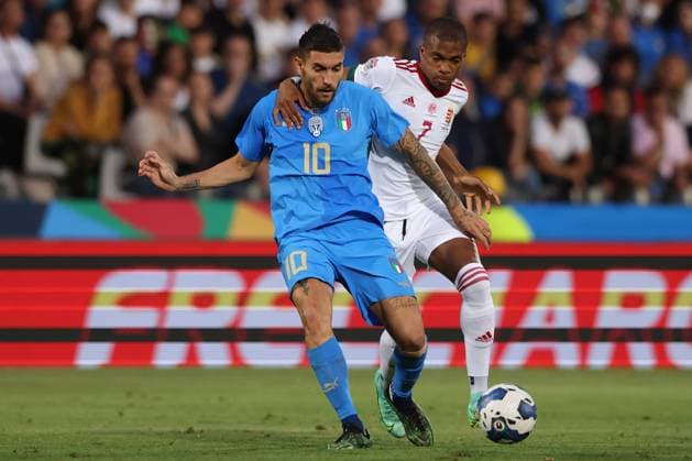Cesena, Italy, 7th June 2022. Loic Nego of Hungary tussles with Lorenzo Pellegrini of Italy during the UEFA Nations League match at Stadio Dino Manuzzi, Cesena. Picture credit should read: Jonathan Moscrop Sportimage EDITORIAL USE ONLY. No use with unauthorised audio, video, data, fixture lists, club league logos or live services. Online in-match use limited to 120 images, no video emulation. No use in betting, games or single club league player publications. SPI-1722-0002