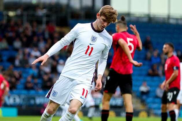 Mandatory Credit: Photo by Ryan Crockett JMP Shutterstock (12976060av) Anthony Gordon of England rues a missed chance England U21, U 21 v Albania U21, UK - 07 Jun 2022 Editorial use only England U21 v Albania U21, UK - 07 Jun 2022 Editorial use only  Copyright: xRyanxCrockett JMP Shutterstockx 12976060av