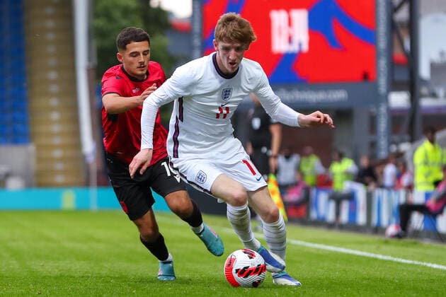 Mandatory Credit: Photo by Ryan Crockett JMP Shutterstock (12976060aw) Armando Dobra of Albania chases down Anthony Gordon of England England U21, U 21 v Albania U21, UK - 07 Jun 2022 Editorial use only England U21 v Albania U21, UK - 07 Jun 2022 Editorial use only  Copyright: xRyanxCrockett JMP Shutterstockx 12976060aw