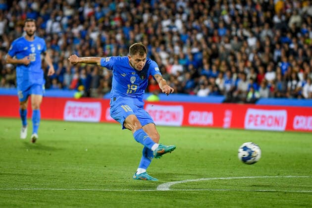 June 7, 2022, Cesena, Italy: Cesena, Italy, Dino Manuzzi stadium, June 07, 2022, Italy s Nicolo Barella scores a goal 1-0 during Italy vs Hungary - football UEFA Nations League match. football UEFA Nations League match - Italy vs Hungary, Cesena, Italy - ZUMAl164 20220607_zsa_l164_024 Copyright: xEttorexGriffonix