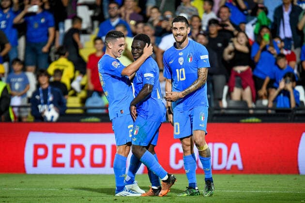 June 7, 2022, Cesena, Italy: Cesena, Italy, Dino Manuzzi stadium, June 07, 2022, Italy s Lorenzo Pellegrini celebrates after scoring a goal 2-0 with teammates during Italy vs Hungary - football UEFA Nations League match. football UEFA Nations League match - Italy vs Hungary, Cesena, Italy - ZUMAl164 20220607_zsa_l164_050 Copyright: xEttorexGriffonix