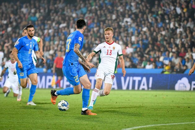 June 7, 2022, Cesena, Italy: Cesena, Italy, Dino Manuzzi stadium, June 07, 2022, Hungary s Andras Schafer in action against Italy s Alessandro Bastoni during Italy vs Hungary - football UEFA Nations League match. football UEFA Nations League match - Italy vs Hungary, Cesena, Italy  - ZUMAl164 20220607_zsa_l164_062 Copyright: xEttorexGriffonix