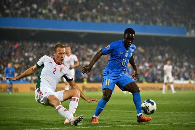 Photo Massimo Paolone LaPresse june 7, 2022 Cesena, Italy soccer Italy vs Hungary - UEFA Nations League League A Group 3 - Dino Manuzzi Orogel stadium In the pic: Wilfried Gnonto (Italia) competes for the ball with Adam Lang (Ungheria)  Copyright: xMassimoxPaolone LaPressex