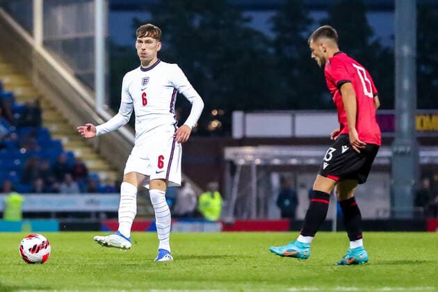 Mandatory Credit: Photo by Ryan Crockett JMP Shutterstock (12976060ck) James Garner of England gets the ball away from Klevis Bebeziqi of Albania England U21, U 21 v Albania U21, UK - 07 Jun 2022 Editorial use only England U21 v Albania U21, UK - 07 Jun 2022 Editorial use only  Copyright: xRyanxCrockett JMP Shutterstockx 12976060ck