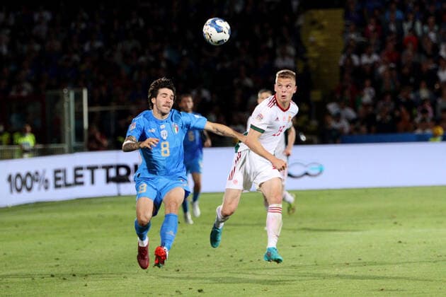 June 7, 2022, CESENA, ITALIA: Sandro Tonali (ITA) and Martin Adam (HUG) during the Uefa Nation League soccer match Italy vs Hungary at Orogel Stadium Dino Manuzzi, Cesena, Italy, 7 June 2022..ANSA DAVIDE GENNARI Soccer: Uefa Nation League; Italy vs Hungary  - ZUMAa110 20220607_zaf_a110_043 Copyright: xDavidexGennarix