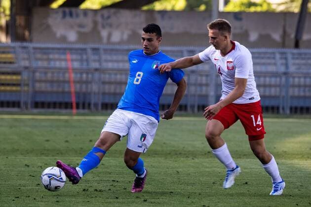 Tommaso Milanese of Italy U20, and Fryderyk Gerbowski of Poland U20 are seen in action during the International Friendly, Länderspiel, Nationalmannschaft match between Italy U20 and Poland U20 at Stadio Riviera delle Palme on June 7, 2022 in San Benedetto del Tronto, Italy. Ã‚ Photo: Cinzia Camela.  Copyright: xCinziaxCamelax xipa-agency.netx xx 0