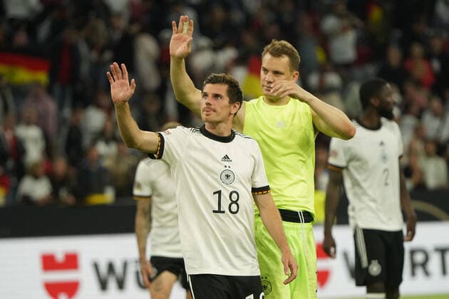 Football, Nations League, international match, Group C, Germany England, 07 06 2022, Allianzarena Munich Jonas Hofmann, Manuel Neuer TW, bothGermany
